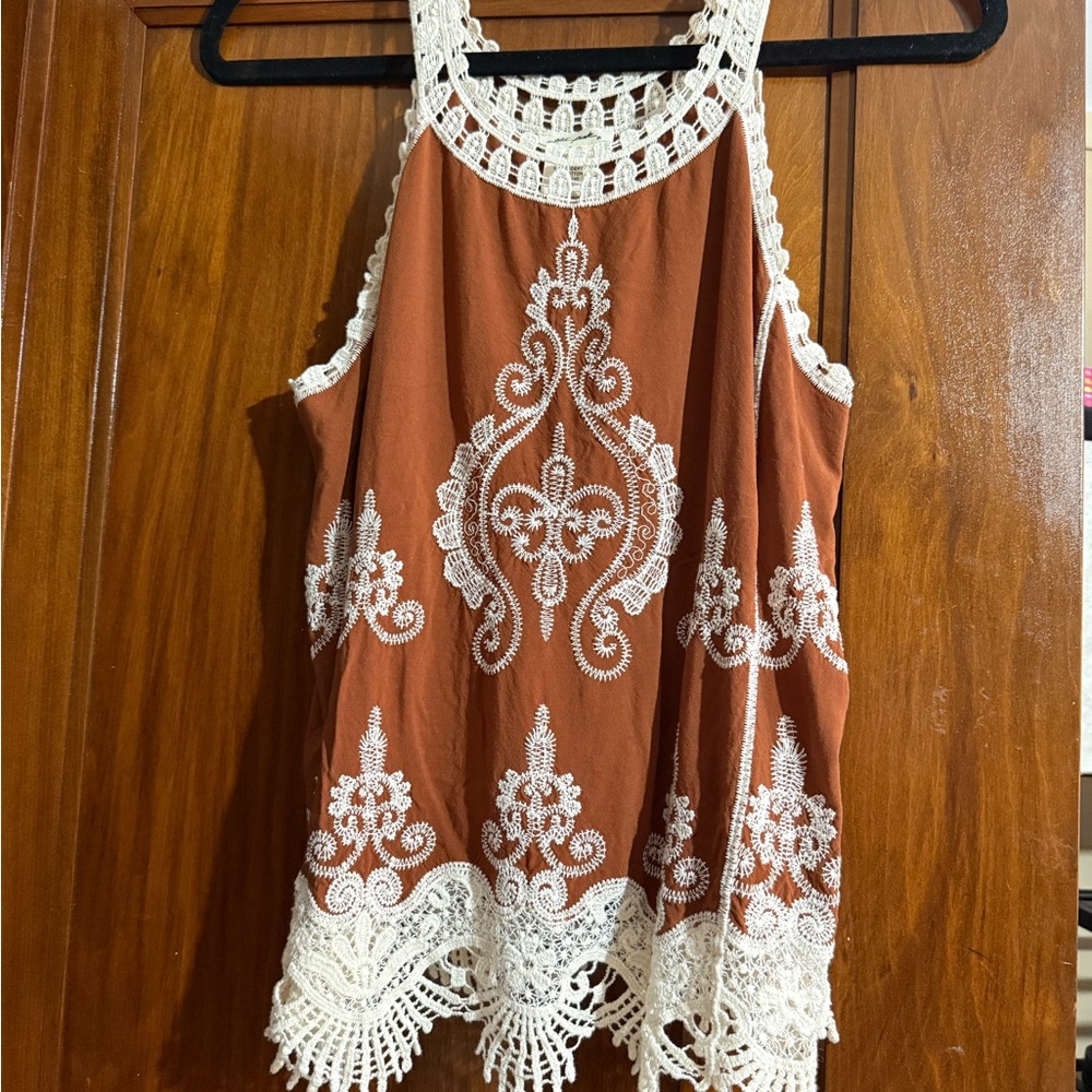 Ultra Pink Embroidered Tank Top - Brown and White